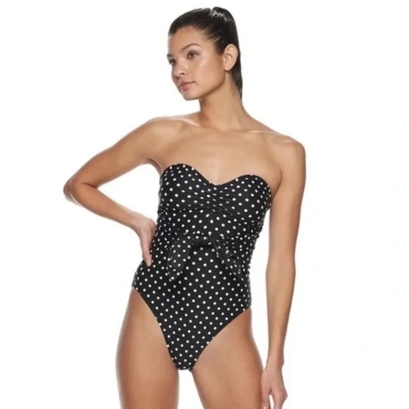 WeWoreWhat Capri One Piece Strapless Black White Polka Dot Front Tie Swimsuit XL